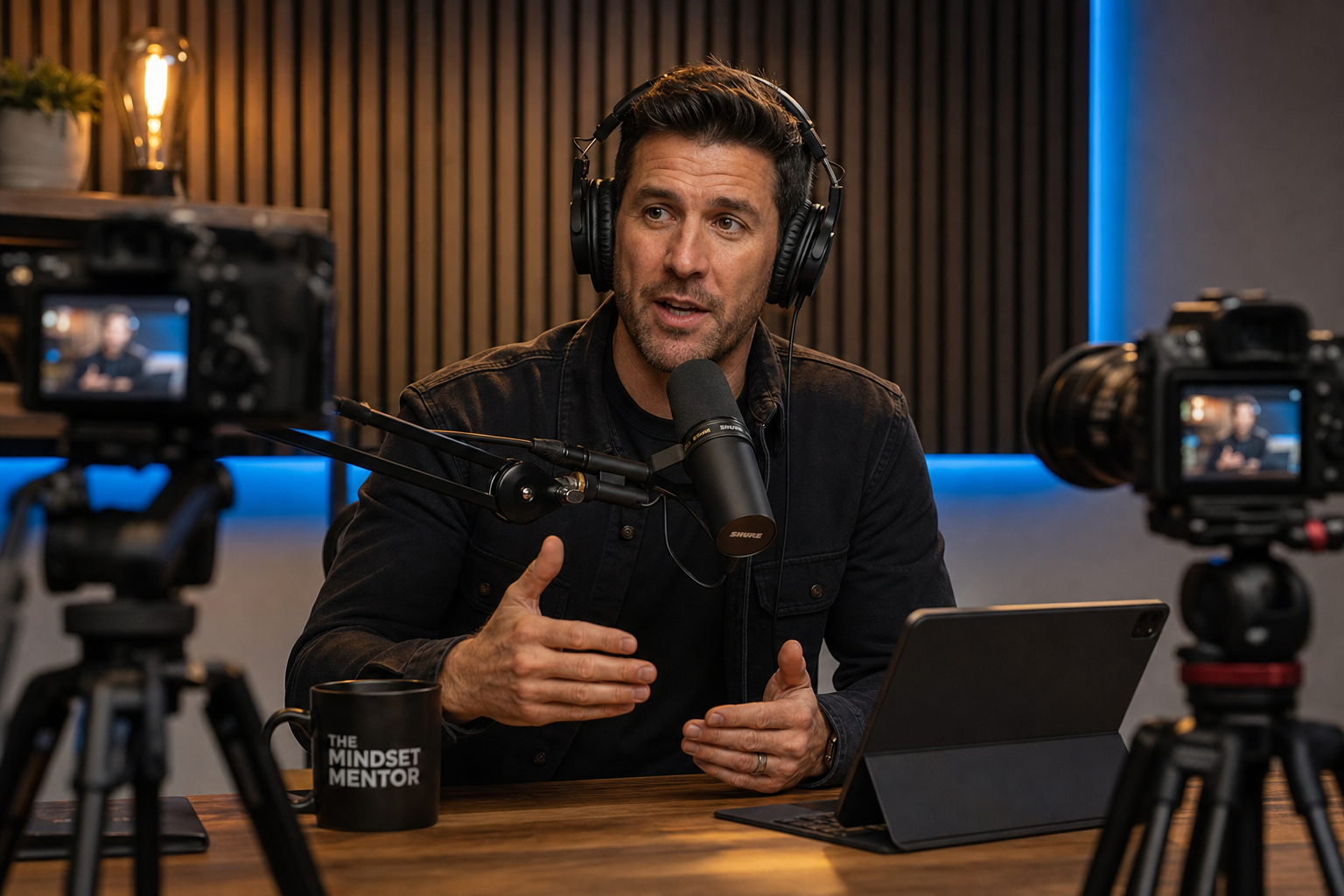 CAST11 podcast studio with host recording on camera